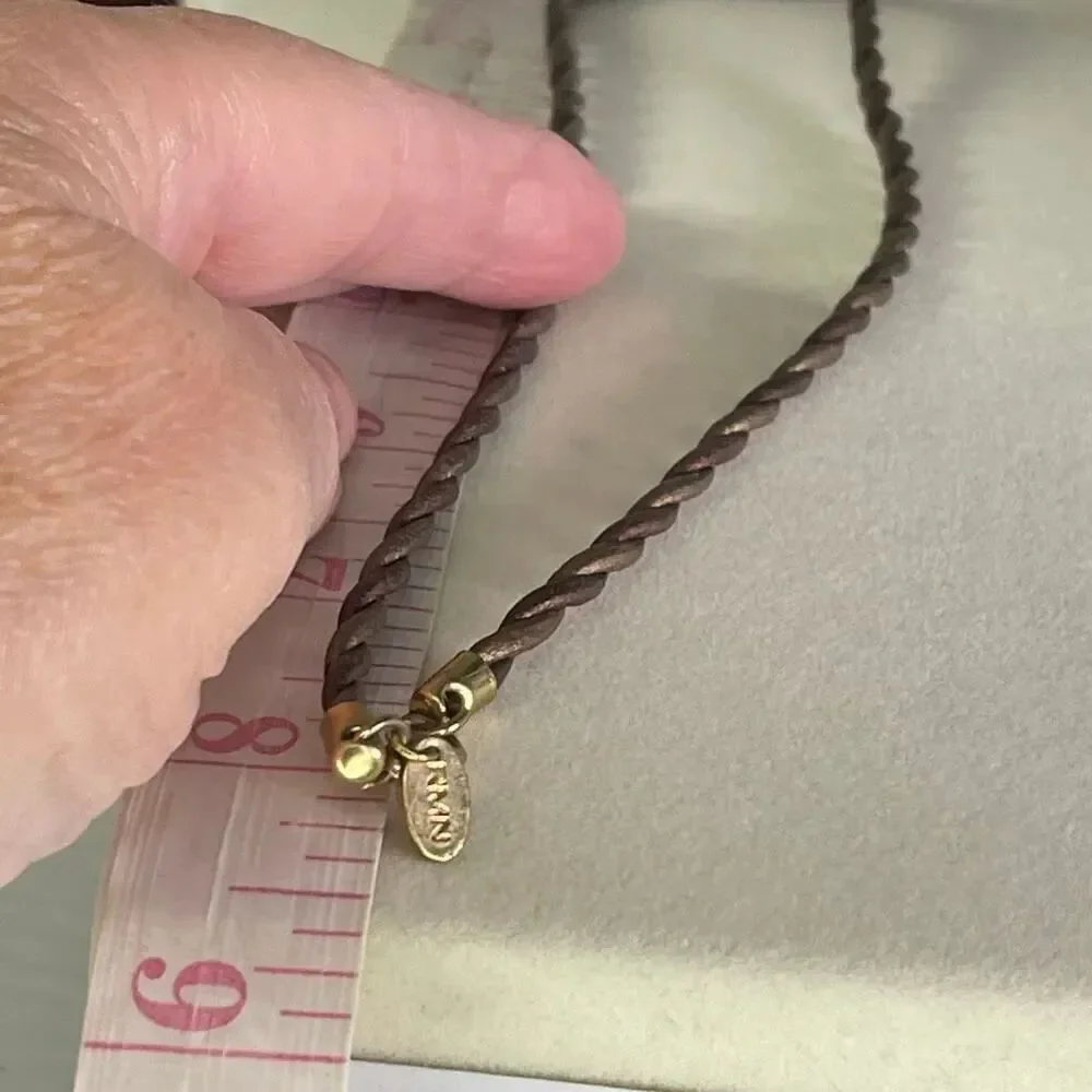 RMN glass ornate fish metallic twisted leather cord necklace.
